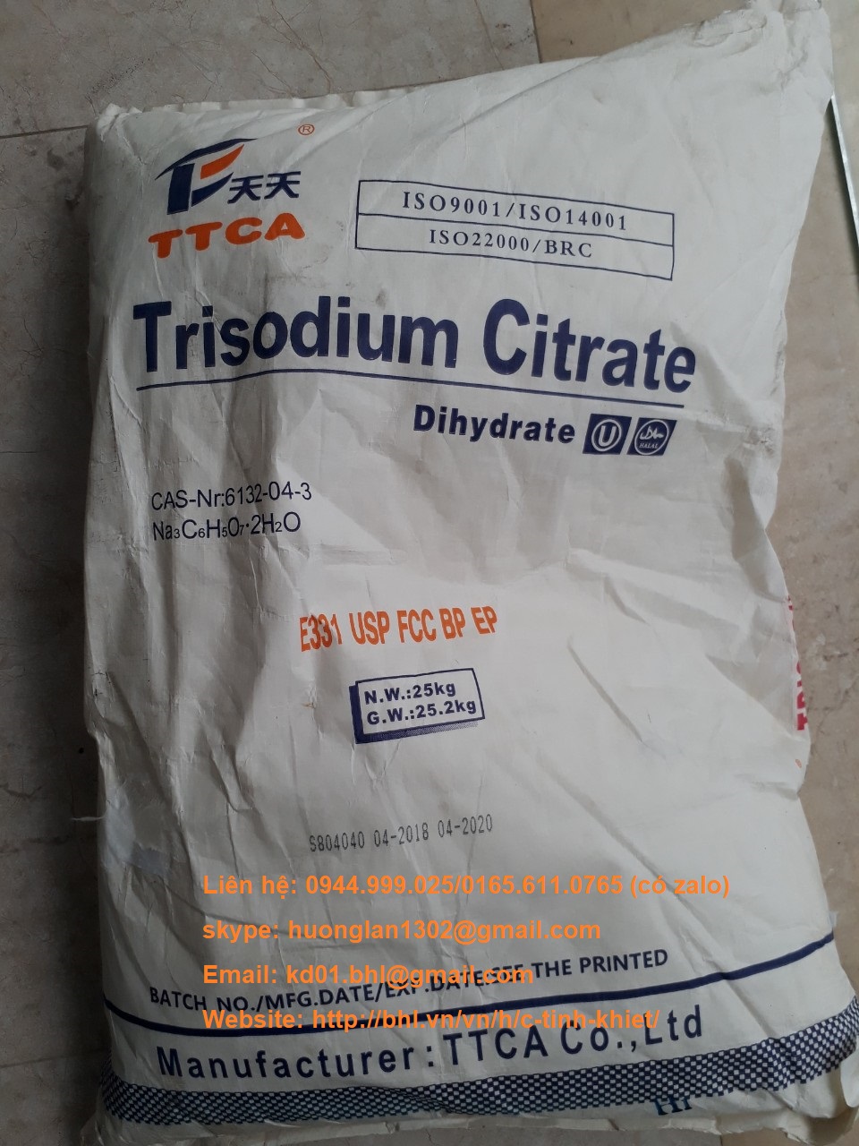 Trisodium citrate Natri citrat 68-04-2 Na3C6H5O7 bao 25kg